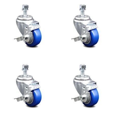 Service Caster 3 Inch Blue Polyurethane Swivel 12mm Threaded Stem Caster Set with Brake SCC-TS20S314-PPUB-BLUE-TLB-M1215-4